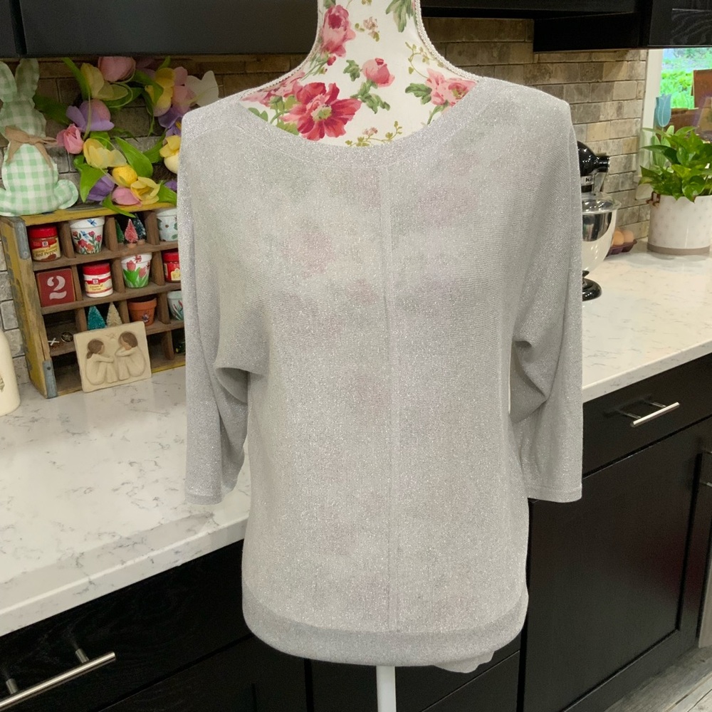 Talbots Petite Top Size Small Metallic Silver Lightweight Dolman Sleeve Party